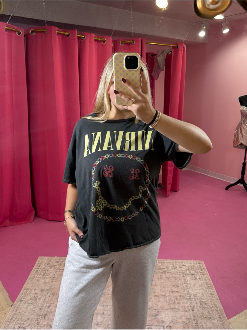 NIRVANA Black Floral Smile Graphic Tee - Women's Short Sleeve